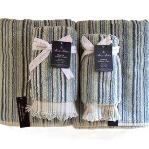 Brooks Brothers 6 piece Luxury Thick Turkish Towel Set Green Blue Striped NWT